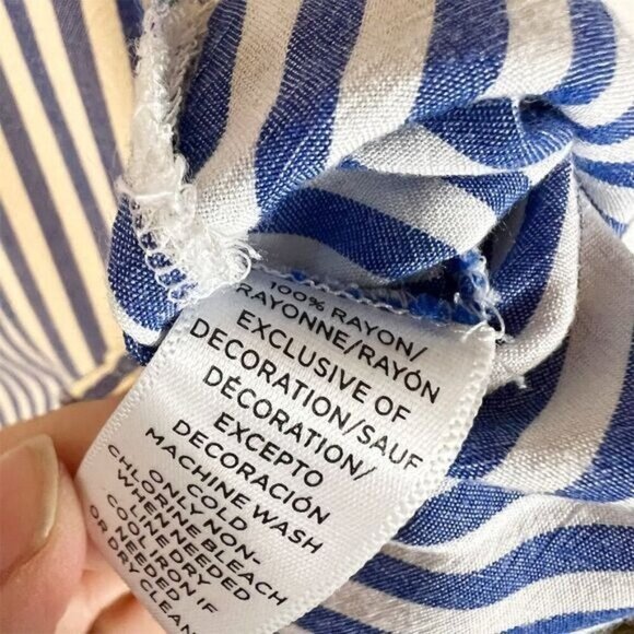 Ann Taylor LOFT Blue White Striped Embroidered Popover Blouse M Coastal Preppy - Picture 5 of 6